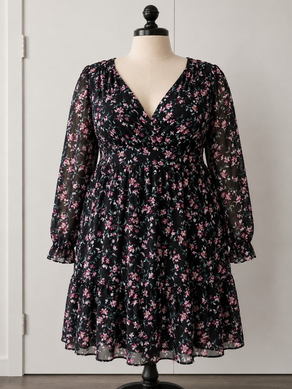 Wild Jasminel Navy Blue Floral V-Neck Tiered Dress